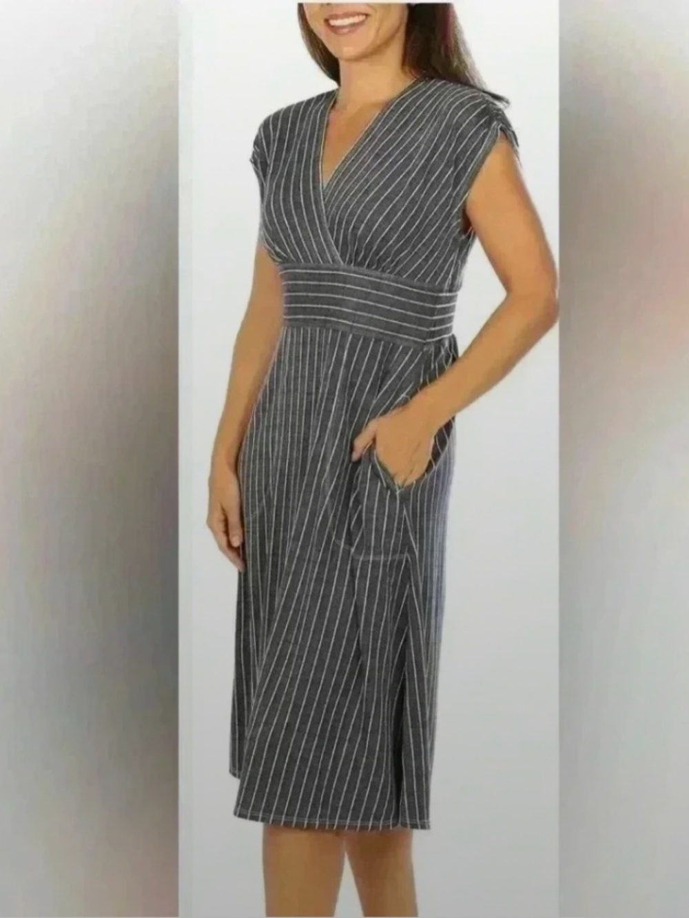 Max Studio Bluish Gray & White Striped Midi Dress